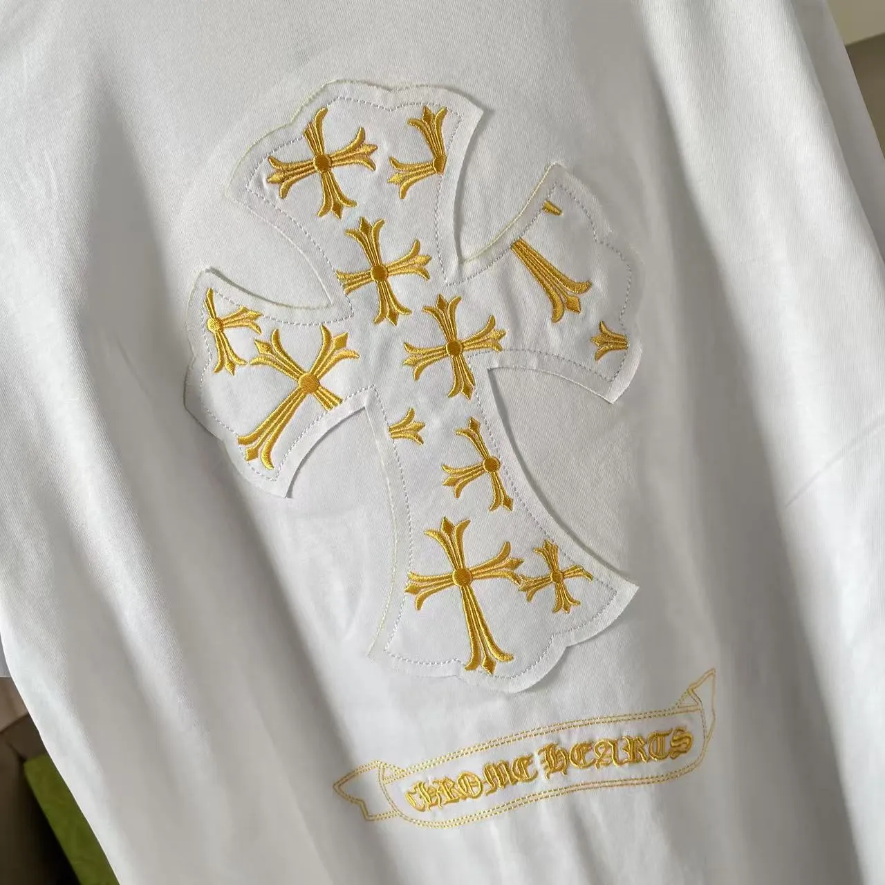 🅿️200 ch Cro* 2025 spring and summer new style Sanskrit horseshoe cross laser patch embroidery short-sleeved t-shirt custom fabric 300g same style for men and women Size: S M L XL XXL Five codes Color: black white
